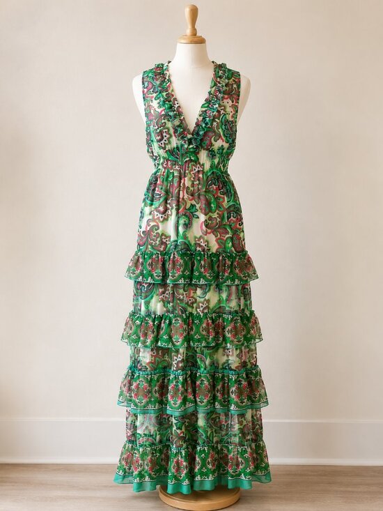 Boston Proper Dresses & Skirts - Boston Proper Palma De Scrolls Print Ruffle Tiered Maxi Dress Sequin Large NWT